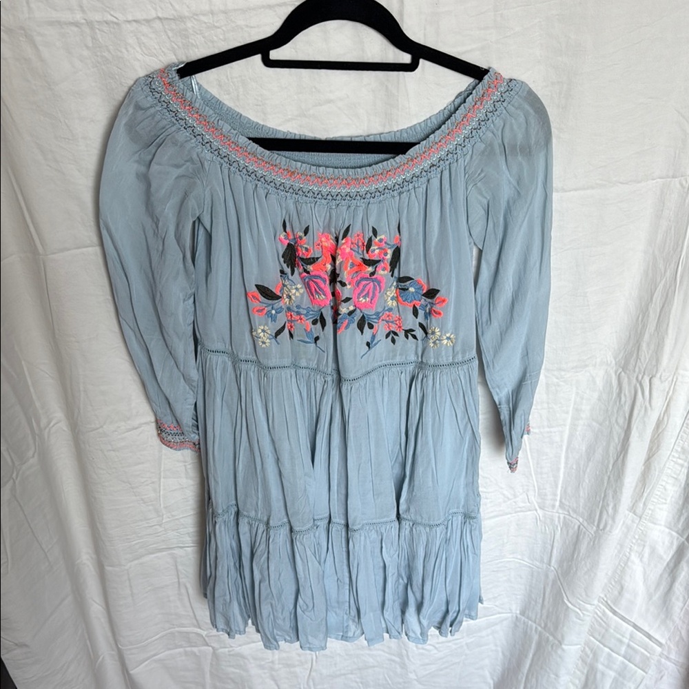 Free People Blue 3/4 Sleeve Embellished Tunic